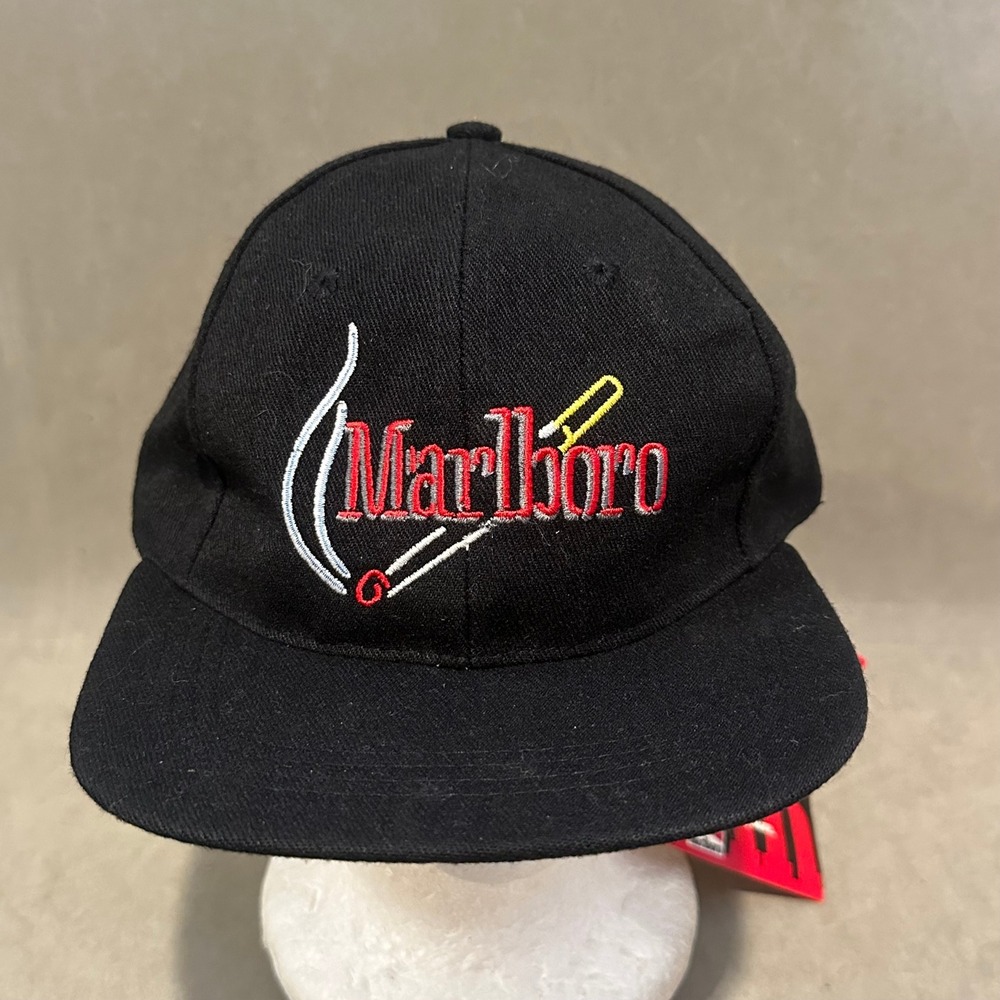Vintage Marlboro Gear Hat Black Snapback Cigarette Logo Embroidered 90s NWT